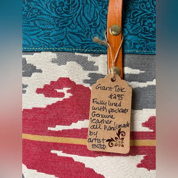 Handmade Alaska Leather Fringe Tote Bag Oversized Southwestern Ikat Boho NEW - Picture 3 of 12